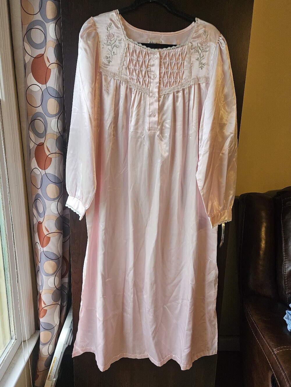 NWT Delicates Pink Satin Smocked Nightgown Size Medium